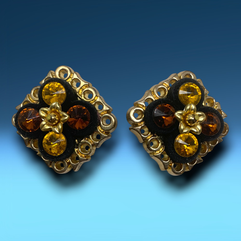 Vintage 1980's Oversized Beaded Square Earrings Avant Garde Clip On Mogul